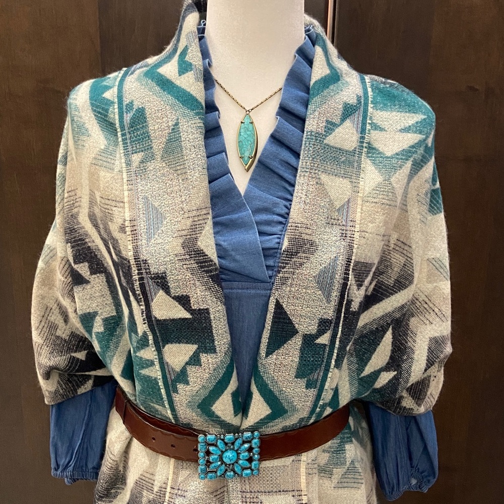 Geometric Patterned Shawl in teal, dark blue, and gray. - Picture 2 of 7